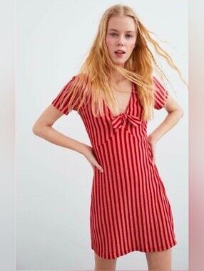 Zara Red and White Striped Tie-Front Short Dress Medium